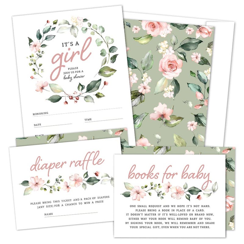 Hat Acrobat Set of 25 Baby Shower Invites for Girl - Floral Girl Baby Shower Invitations, Diaper Raffle Tickets, Book Request Cards and Envelopes - Blush Pink Boho Baby Shower Invitations for Girl - Image 1